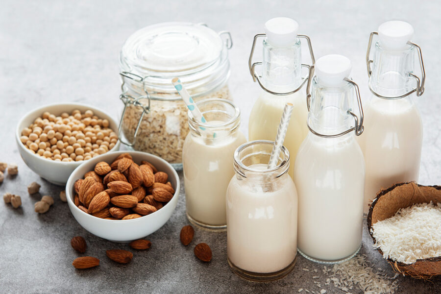 Assorted plant-based milk alternatives in bottles surrounded by almonds, soybeans, oats, and coconut on a gray countertop.