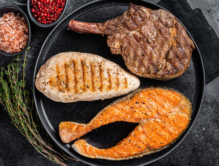 Lean Meats: Steak, Chicken, and Salmon with Pink Salt and Herbs