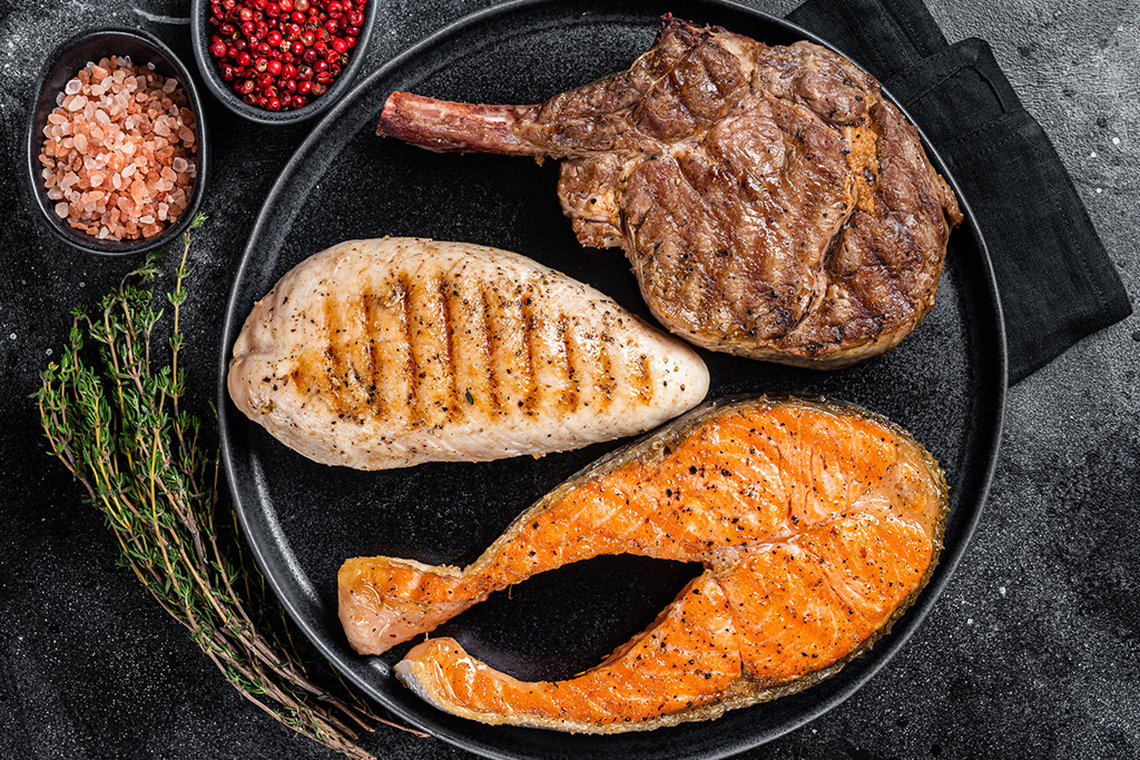 Lean Meats: Steak, Chicken, and Salmon with Pink Salt and Herbs