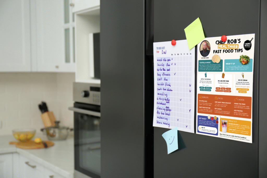 Kitchen fridge with a to-do list and healthy fast food tips flyer.