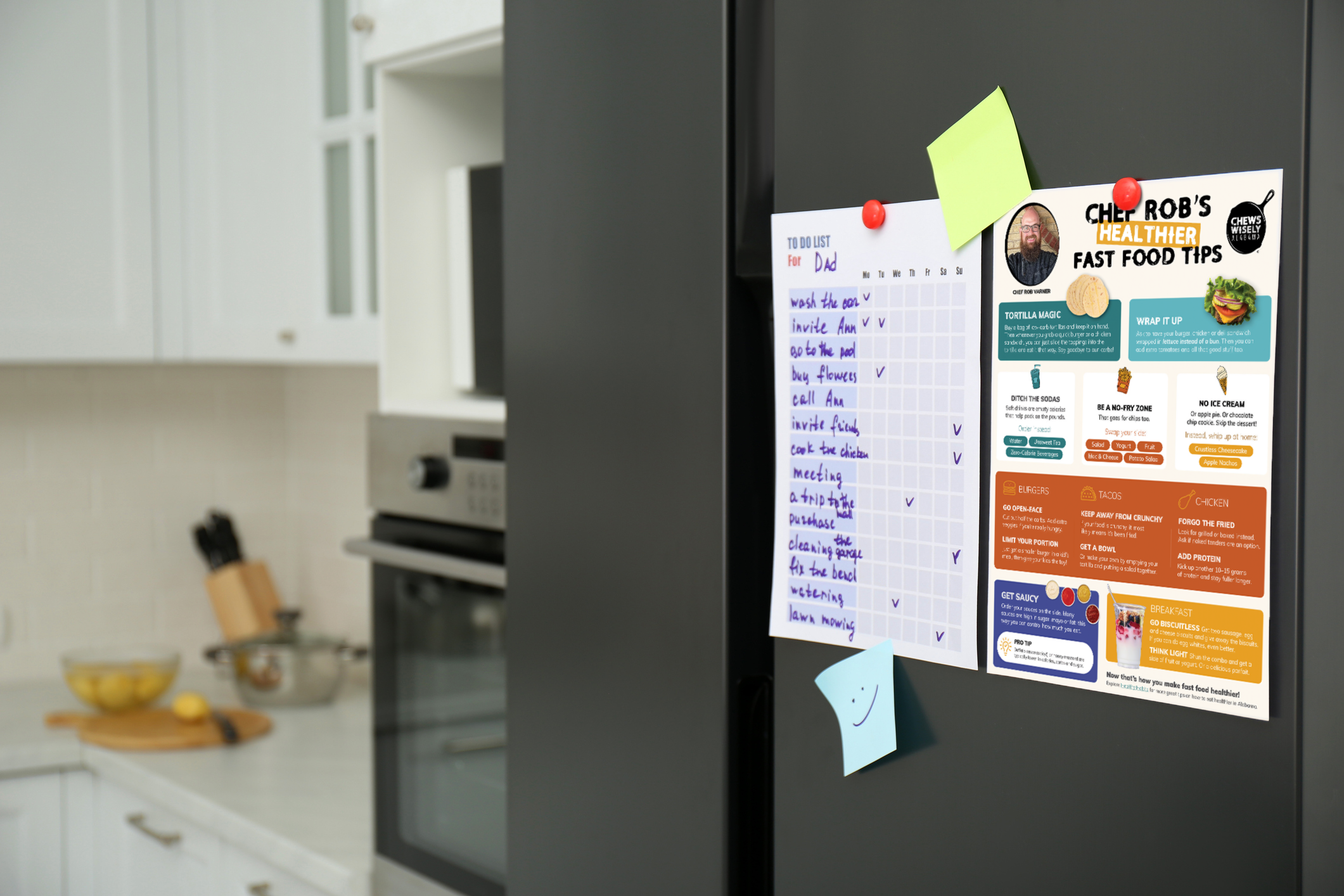 Kitchen fridge with a to-do list and healthy fast food tips flyer.