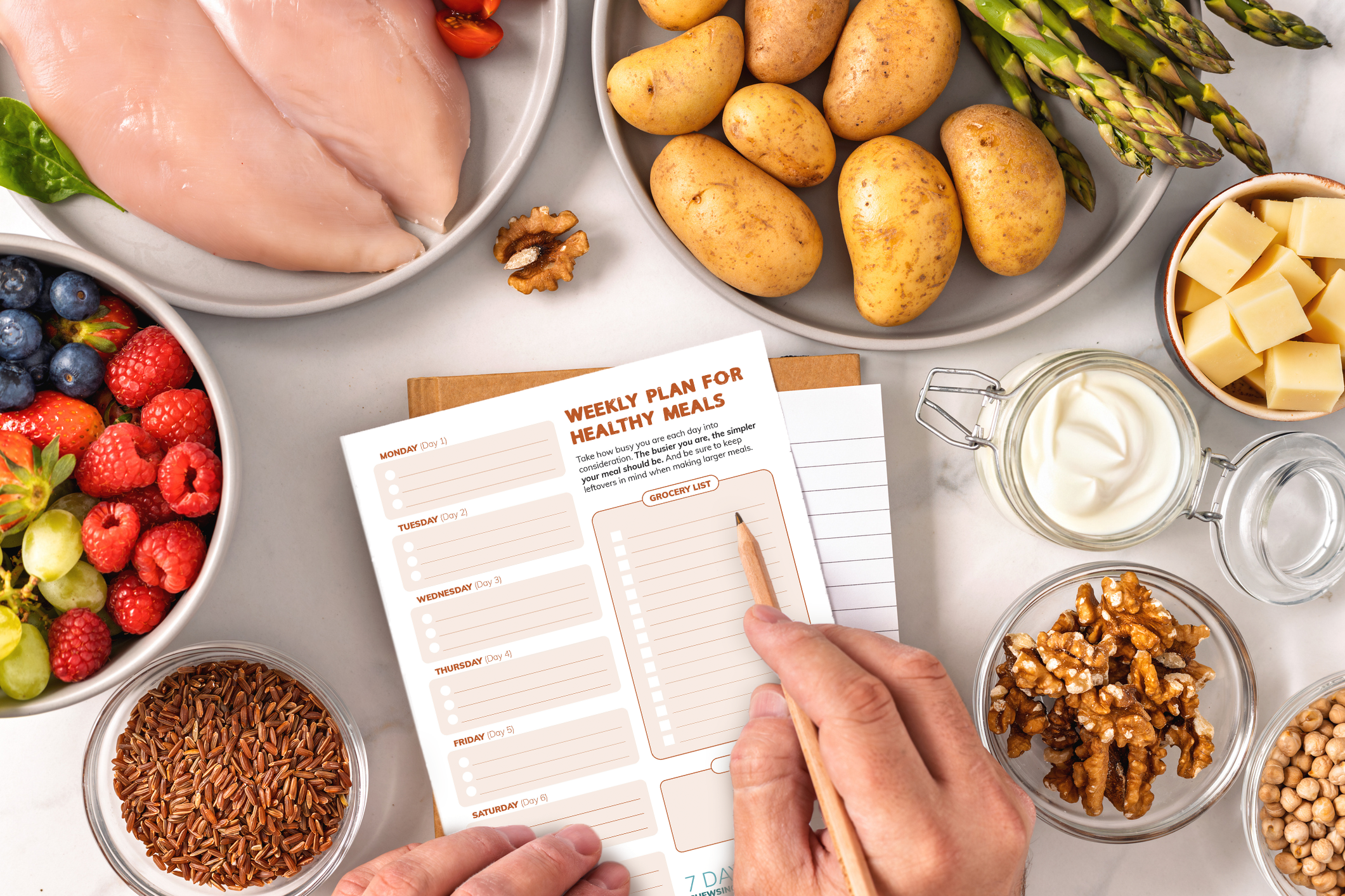 Planning healthy meals with fresh ingredients like chicken, potatoes, berries, and nuts.